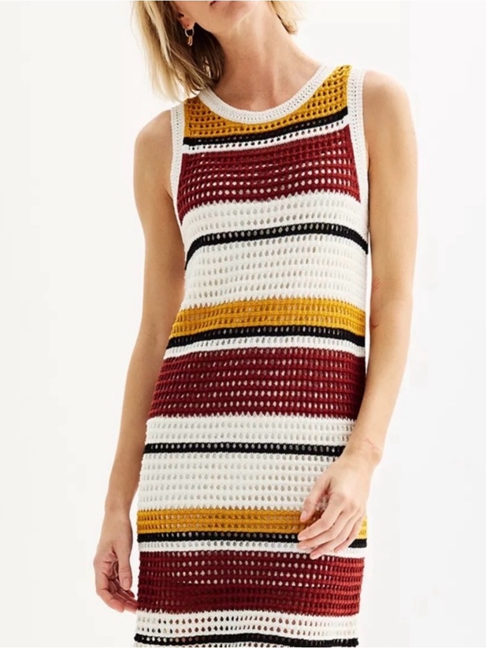 Nine West Sleeveless Striped Crochet Knit Dress in White, Burgundy & Mustard
